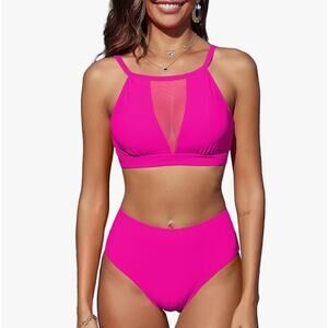 Sheer Mesh Deep Plunge Tankini Bikini Swimsuit Top Pink NWT Size XL